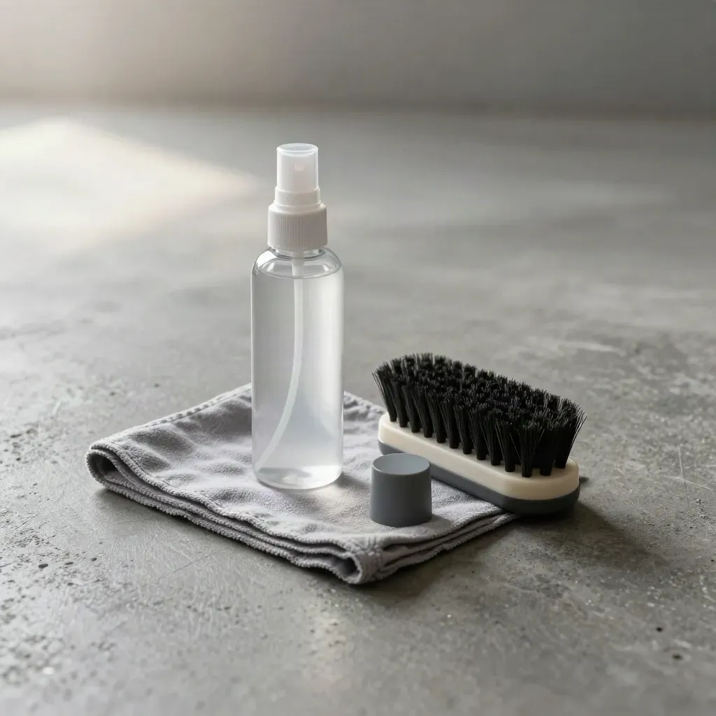 Lens care kit with spray, brush, cloth and cap on brushed concrete in soft daylight.