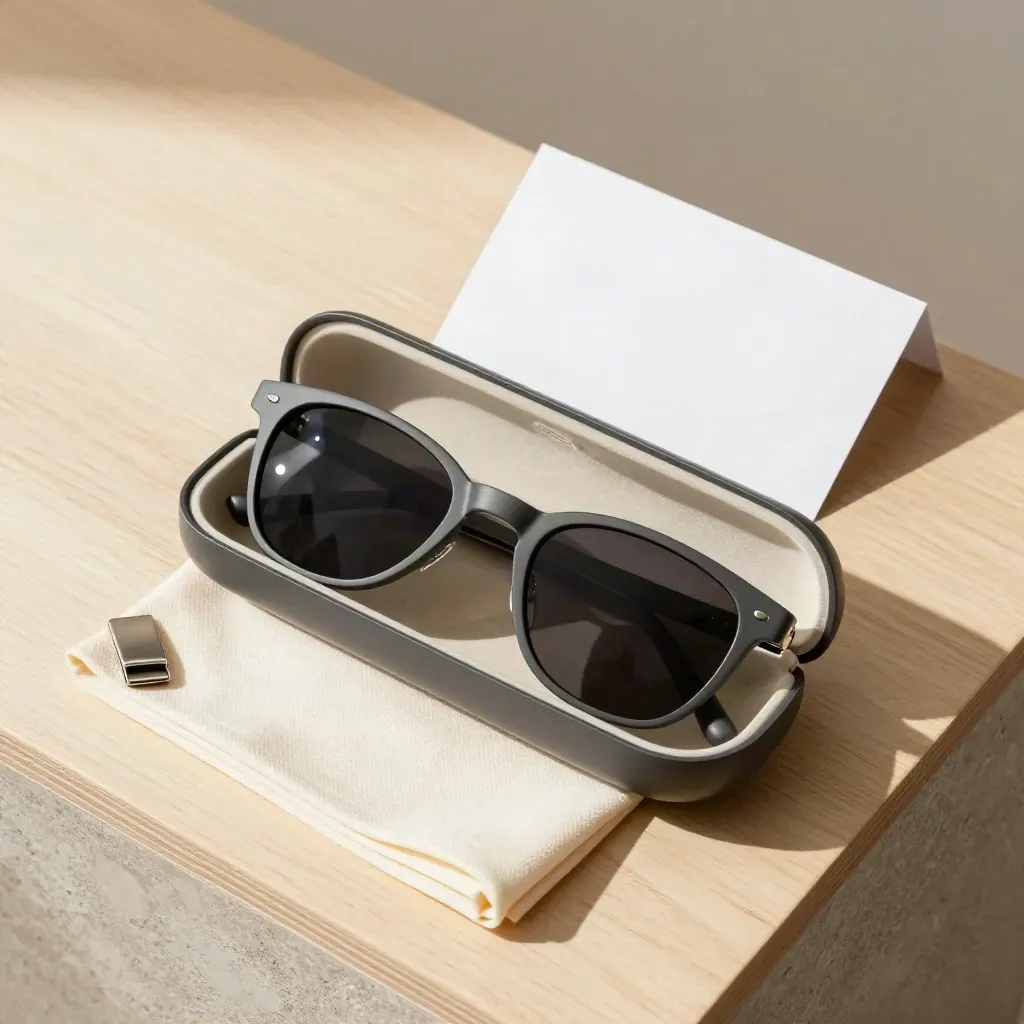 Open slim hard case with cloth and strap clip on pale wood, shot straight down.